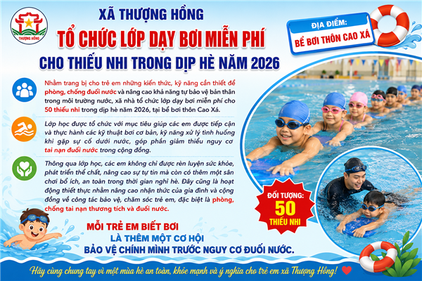 XÃ THƯỢNG HỒNG TỔ CHỨC LỚP DẠY BƠI MIỄN PHÍ CHO THIẾU NHI TRONG DỊP HÈ NĂM 2026