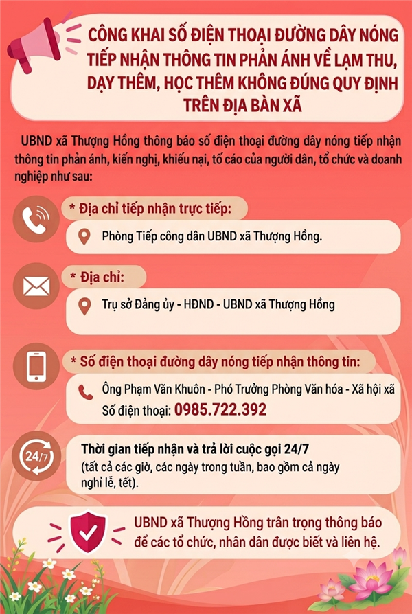 Công khai số điện thoại đường dây nóng tiếp nhận thông tin phản ánh về lạm thu, dạy thêm, học thêm không đúng quy định trên địa bàn xã Thượng Hồng