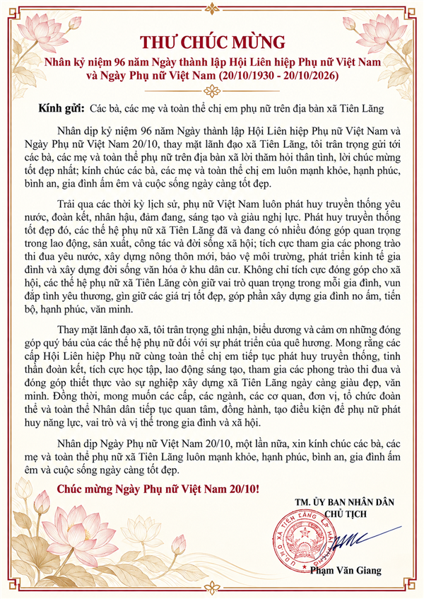 Thư chúc mừng của Chủ tịch UBND xã nhân ngày Phụ nữ Việt Nam 20/10