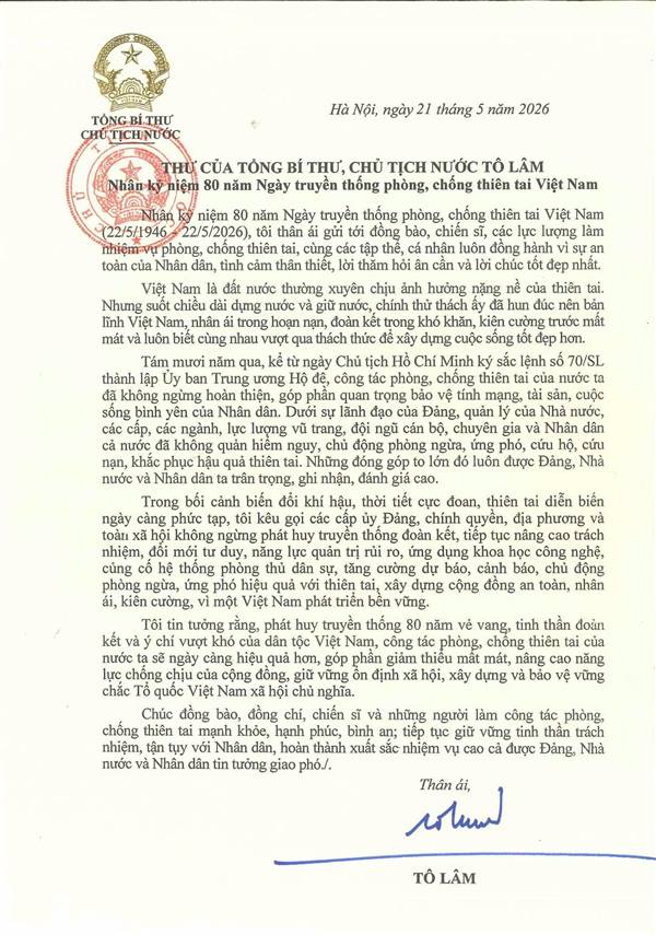 Thư của Tổng Bí thư, Chủ tịch nước Tô Lâm nhân kỷ niệm 80 năm Ngày truyền thống phòng, chống thiên tai Việt Nam