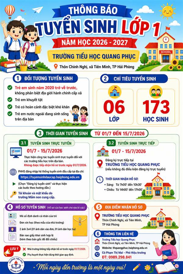 Trường Tiểu học Quang Phục thông báo tuyển sinh lớp 1 năm học 2026-2027