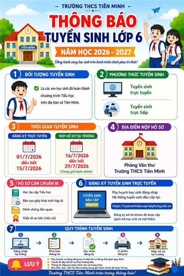 Trường THCS Tiên Minh thông báo tuyển sinh học sinh vào học lớp 6 năm học 2026-2027