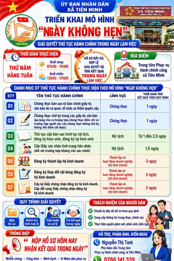 Xã Tiên Minh triển khai mô hình “Ngày không hẹn” trong giải quyết thủ tục hành chính