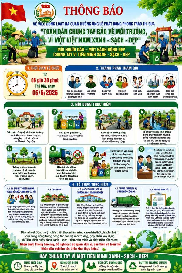 Xã Tiên Minh phát động đồng loạt ra quân hưởng ứng phong trào thi đua “Toàn dân chung tay bảo vệ môi trường, vì một việt nam xanh - sạch - đẹp”