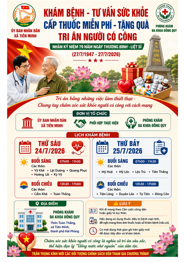 Phòng khám Đa khoa Đông Quy tổ chức khám bệnh, cấp phát thuốc miễn phí hưởng ứng tuần lễ tri ân kỷ niệm 79 năm ngày thương binh - liệt sĩ (27/7/1947 - 27/7/2026)