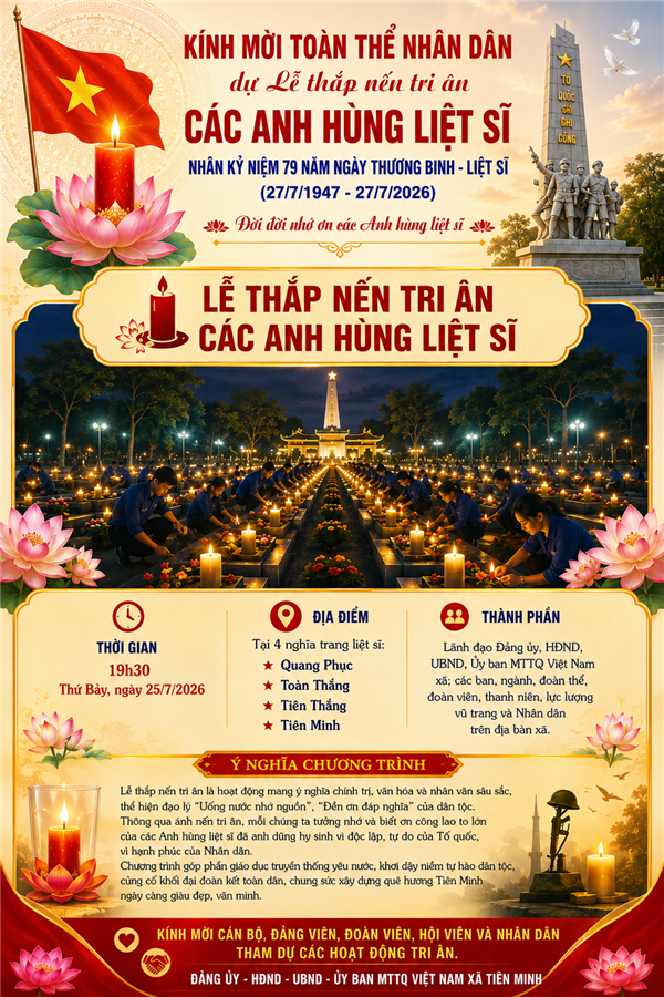 Kính mời Nhân dân tham dự Lễ thắp nến tri ân các Anh hùng liệt sĩ năm 2026