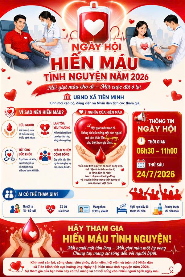 Xã Tiên Minh kêu gọi Nhân dân hưởng ứng Ngày hội Hiến máu tình nguyện năm 2026