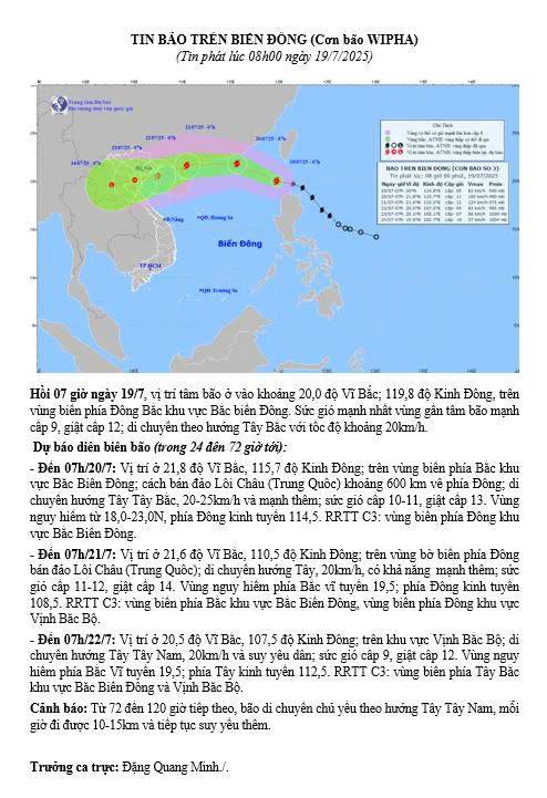 Tin bão trên biển đông (Cơn bão WIPHA) 
(Tin phát lúc 08h00 ngày 19/7/2025)