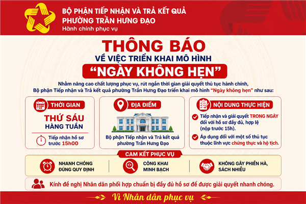 UBND PHƯỜNG TRẦN HƯNG ĐẠO TRIỂN KHAI MÔ HÌNH “NGÀY KHÔNG HẸN” TIẾP NHẬN, GIẢI QUYẾT THỦ TỤC HÀNH CHÍNH TẠI TRUNG TÂM PHỤC VỤ HÀNH CHÍNH CÔNG
