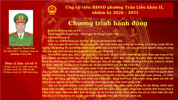Chương trình hành động của đồng chí Nguyễn Thanh Sơn - Ủy viên Ban Thường vụ, Trưởng công an phường Trần Liễu