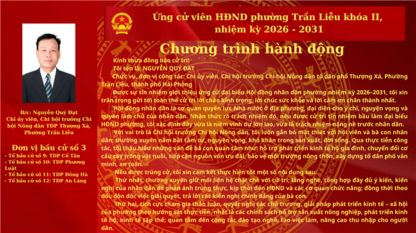 Chương trình hành động của đồng chí Nguyễn Quý Đạt -  Chi ủy viên, Chi hội trưởng Chi hội Nông dân tổ dân phố Thượng Xá, Phường Trần Liễu