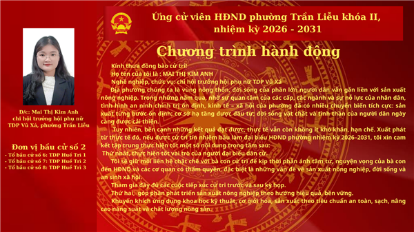 Chương trình hành động của đồng chí Mai Thị Kim Anh - Chi hội trưởng hội phụ nữ TDP Vũ Xá, phường Trần Liễu