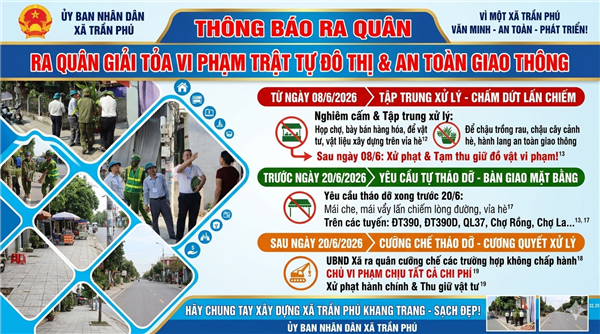 UBND xã Trần Phú thông báo về việc giải tỏa các vi phạm bảo đảm trật tự công cộng, trật tự đô thị, trật tự
 đường bộ và hành lang an toàn đường bộ trên địa bàn.