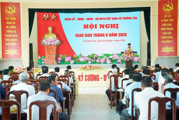 Đảng ủy xã Trường Tân tổ chức hội nghị giao ban bí thư chi bộ và sinh hoạt chi bộ định kỳ tháng 6 năm 2026.
