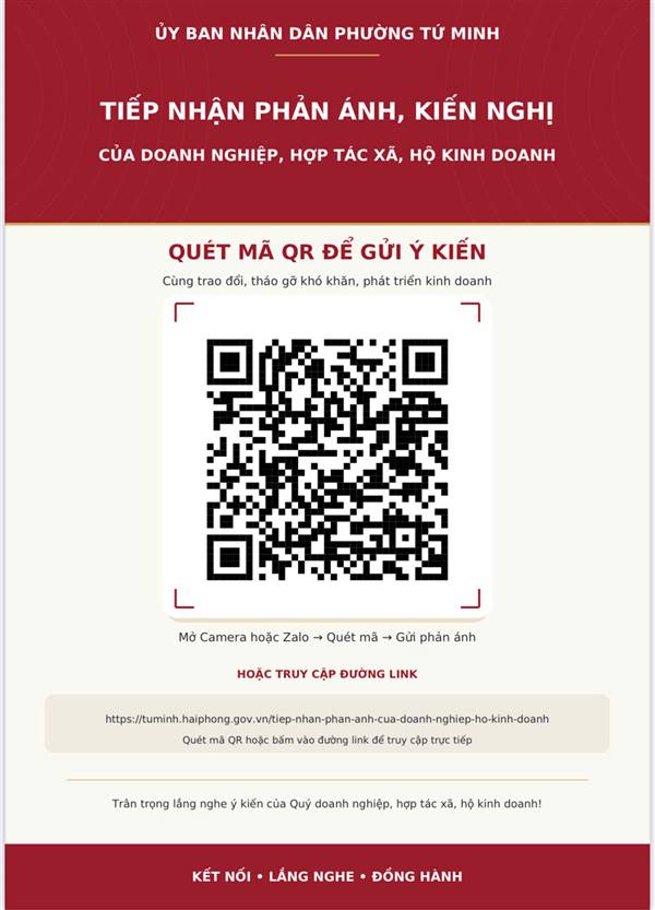 Phường Tứ Minh công khai mã QR tiếp nhận phản ánh, kiến nghị của doanh nghiệp, hộ kinh doanh
