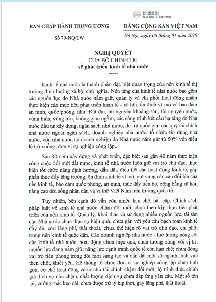 Nghị quyết số 79-NQ/TW ngày 06/01/2026 của Bộ Chính trị về Phát triển kinh tế nhà nước