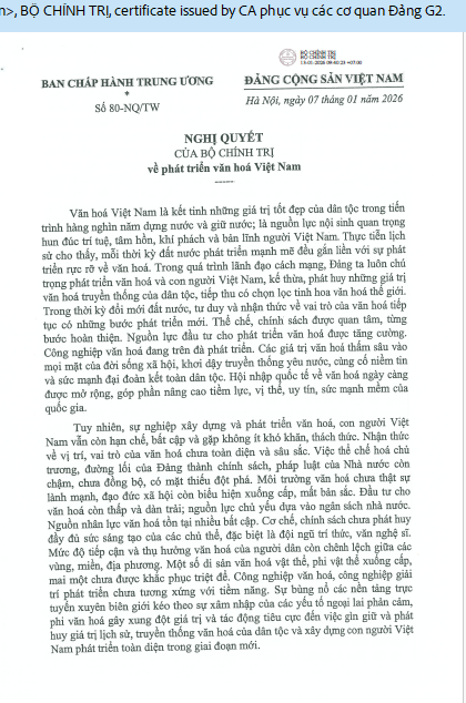 Nghị quyết số 80-NQ/TW ngày 07/01/2026 của Bộ Chính trị về  phát triển Văn hoá Việt Nam