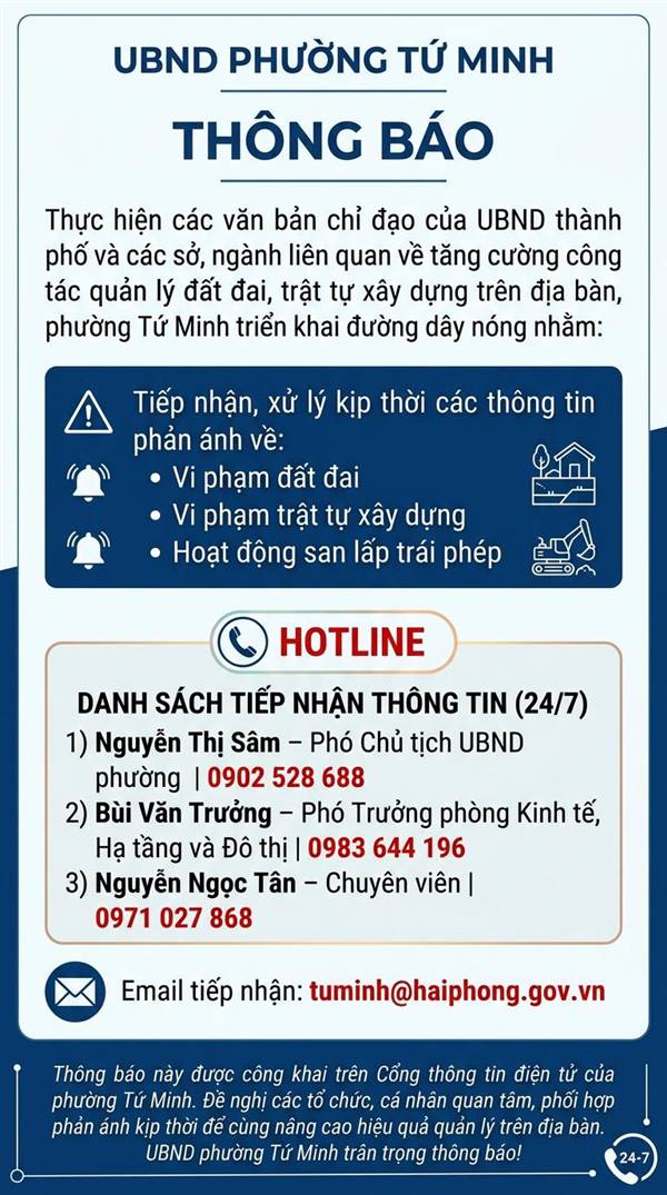 Tứ Minh triển khai đường dây nóng tiếp nhận phản ánh vi phạm đất đai, trật tự xây dựng