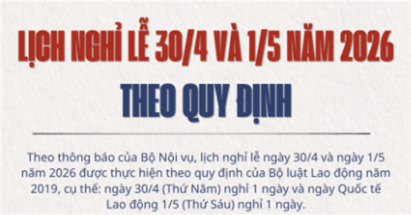 THÔNG BÁO Về lịch nghỉ dịp Giỗ Tổ Hùng Vương, ngày Chiến thắng 30/4  và Ngày Quốc tế Lao động 01/5 năm 2026 