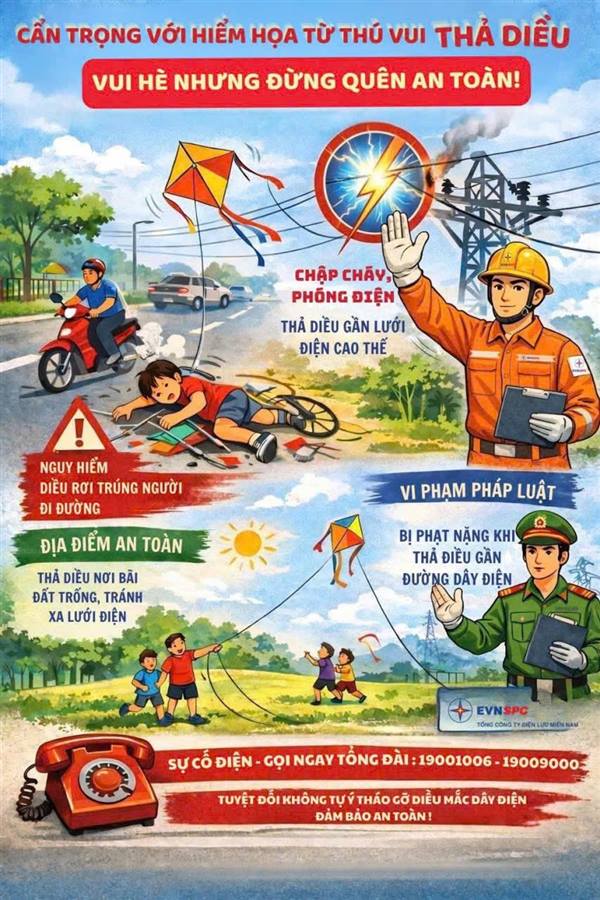 Điện thực Cẩm Giàng cảnh báo nguy hiểm thả diều gần đường điện cao áp