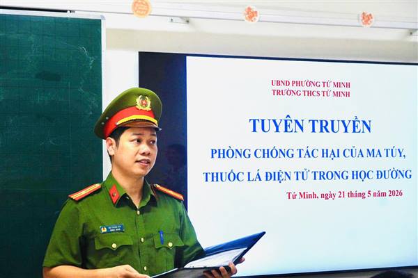 Công an phường Tứ minh tăng cường tuyên truyền phòng, chống ma túy, thuốc lá điện tử và tệ nạn xã hội cho học sinh trước kỳ nghỉ hè

