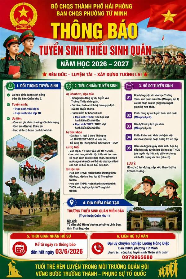 Ban chỉ huy quân sự phường Tứ Minh thông báo tuyển sinh thiếu sinh quân, năm học 2026-2027