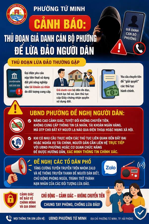 Phường Tứ Minh cảnh báo: Thủ đoạn giả danh cán bộ phường để lừa đảo người dân