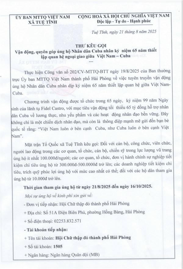 Vận động, quyên góp ủng hộ Nhân dân Cuba nhân kỷ  niệm 65 năm thiết lập quan hệ ngoại giao giữa  Việt Nam – Cuba 