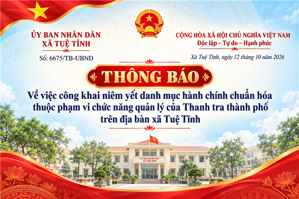 Thông báo 6675/TB-UBND, ngày 12/10/2026 Về việc công khai niêm yết danh mục hành chính chuẩn hóa thuộc phạm vi chức năng quản lý của Thanh tra thành phố trên địa bàn xã Tuệ Tĩnh