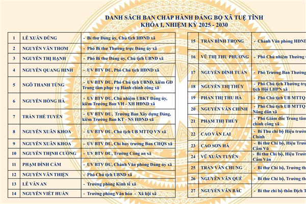 DANH SÁCH BCH ĐẢNG BỘ XÃ TUỆ TĨNH KHÓA I, 2025-2030