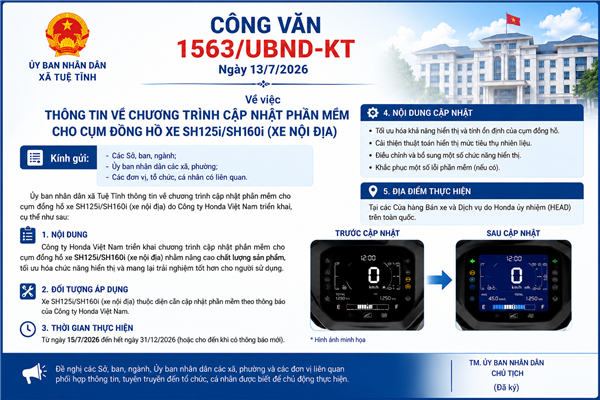 Công văn 1563/UBND-KT, ngày 13/7/2026 về việc Thông tin về chương trình cập nhật phần mềm cho cụm đồng hồ xe SH125i/SH160i (xe nội địa)