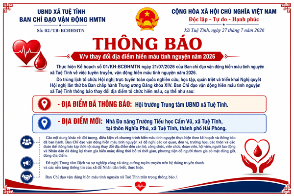 Thông báo 02 về việc thay đổi địa điểm hiến máu tình nguyện năm 2026