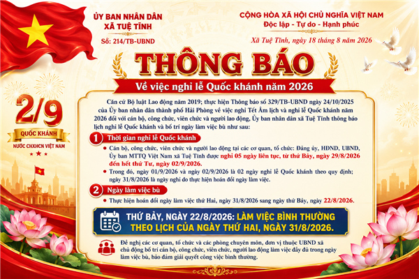 Thông báo số 214/TB-UBND Về việc nghỉ lễ Quốc khánh năm 2026