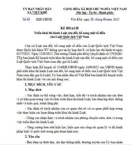 Kế hoạch số 81/KH-UBND ngày 22/10/2025 của UBND xã Việt Khê về việc triển khai thi hành Luật sửa đổi, bổ sung một số điều của Luật Quốc tịch Việt Nam