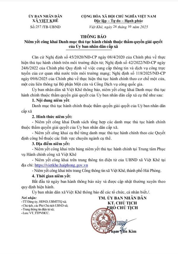 Thông báo số 257/TB-UBND ngày 24/10/2025 của UBND xã Việt Khê niêm yết công khai Danh mục thủ tục hành chính thuộc thẩm quyền giải quyết của UBND xã Việt Khê