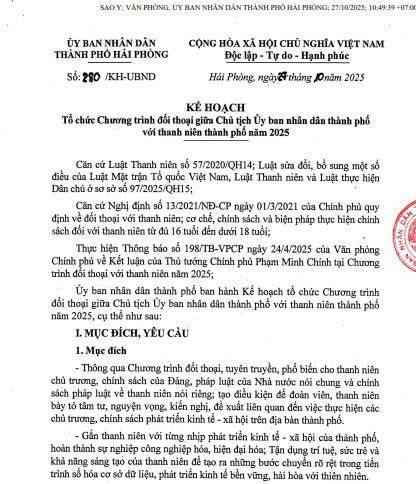 Kế hoạch số 280/KH-UBND ngày 27/10/2025 về việc tổ chức Chương trình đối thoại giữa Chủ tịch Ủy ban nhân dân thành phố với thanh niên thành phố năm 2025