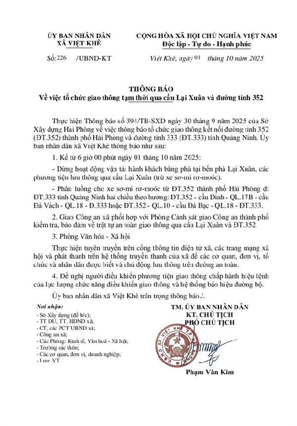 UBND xã Việt Khê thông báo về việc tổ chức giao thông tạm thời qua cầu Lại Xuân và đường tỉnh 352