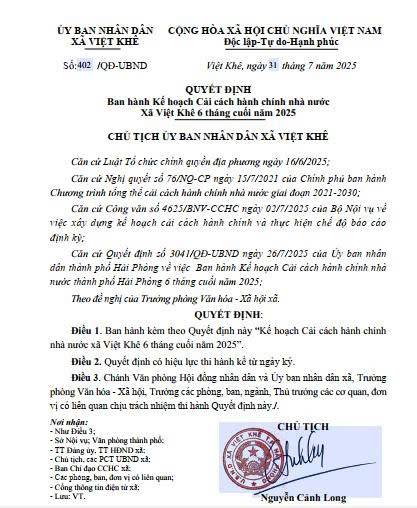 Quyết định số 402/QĐ-UBND ngày 31/7/2025 về việc ban hành Kế hoạch Cải cách hành chính nhà nước xã Việt Khê 6 tháng cuối năm 2025