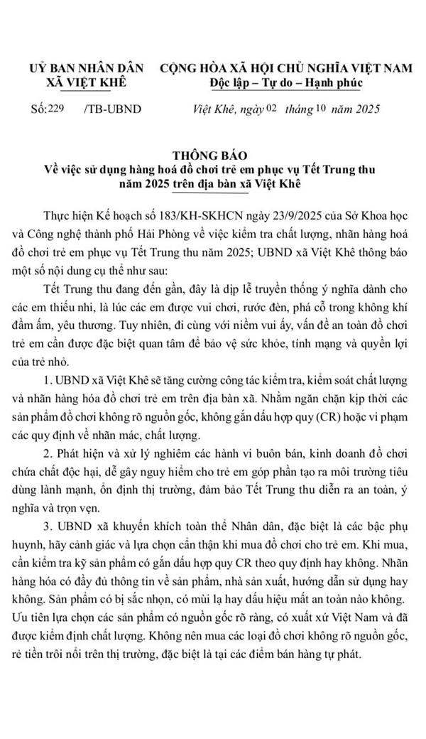 TRUNG THU AN TOÀN - NÓI KHÔNG VỚI ĐỒ CHƠI KHÔNG ĐẢM BẢO CHẤT LƯỢNG TẠI XÃ VIỆT KHÊ