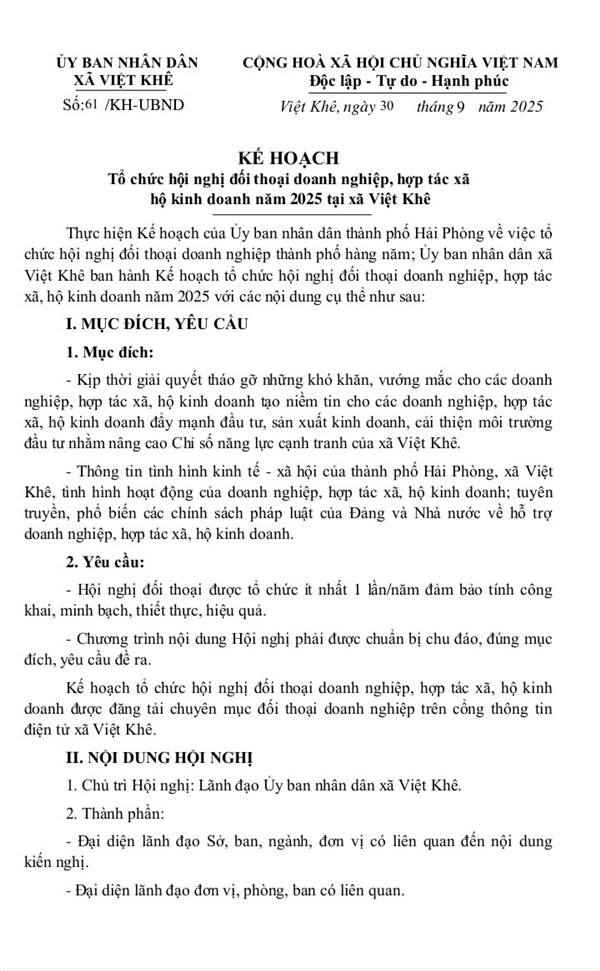 Kế hoạch số 61/KH-UBND ngày 30/9/2025 về việc tổ chức đối thoại doanh nghiệp, hợp tác xã hội kinh doanh năm 2025 tại xã Việt Khê