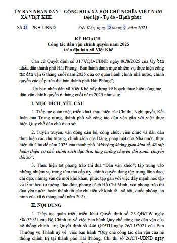 Kế hoạch số 25/KH-UBND ngày 15/8/2025 của UBND xã về công tác dân vận chính quyền năm 2025
trên địa bàn xã Việt Khê