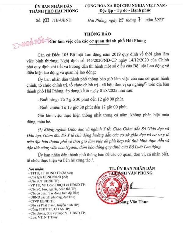 UBND xã Việt Khê thông báo về lịch làm việc của các cơ quan thành phố Hải Phòng