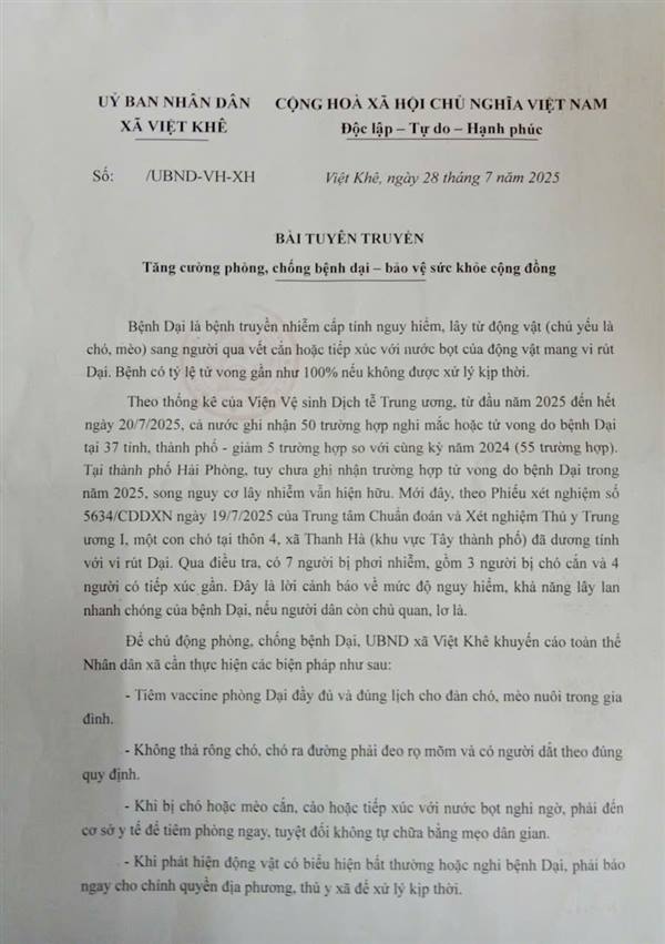 UBND xã Việt Khê khuyến cáo toàn thể Nhân dân xã Việt Khê chủ động tích cực phòng, chống bệnh dại bảo vệ sức khỏe cộng đồng