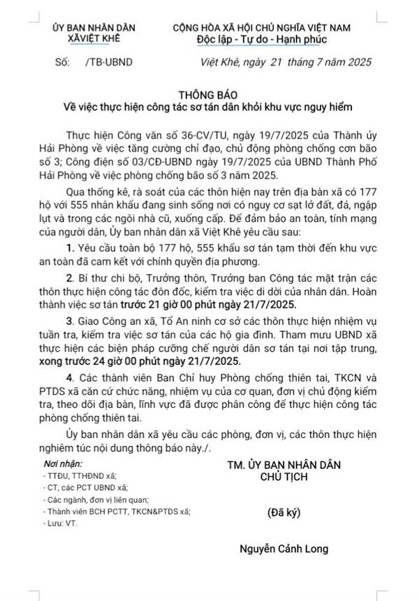 UBND xã Việt Khê thông báo về việc thực hiện công tác sơ tán dân khỏi khu vực nguy hiểm tren địa bàn xã