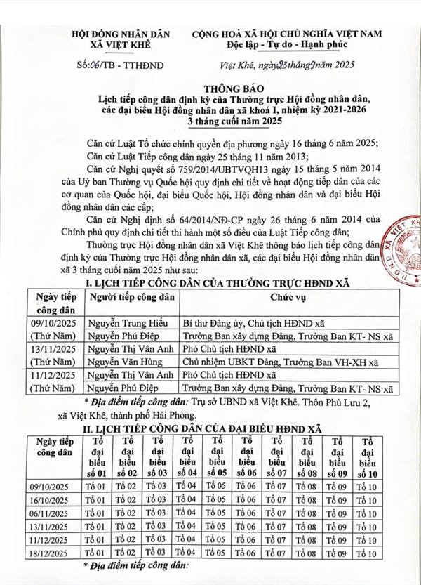 HĐND xã Việt Khê thông báo lịch tiếp công dân định kỳ của Thường trực Hội đồng nhân dân, các đại biểu Hội đồng nhân dân 