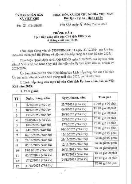 UBND xã Việt Khê thông báo lịch tiếp công dân của Chủ tịch UBND xã 6 tháng cuối năm