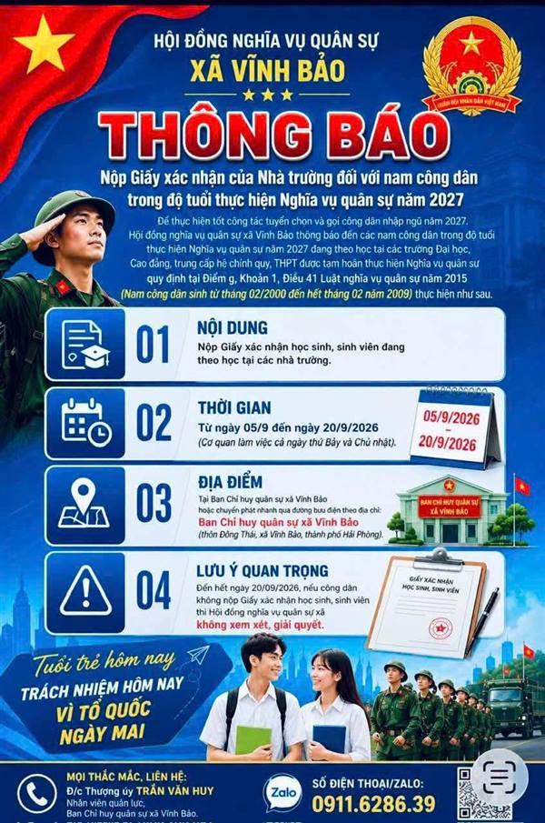 📢 HỘI ĐỒNG NGHĨA VỤ QUÂN SỰ XÃ VĨNH BẢO THÔNG BÁO NỘP GIẤY XÁC NHẬN HỌC SINH, SINH VIÊN