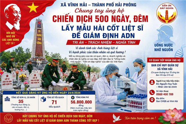 XÃ VĨNH HẢI PHÁT ĐỘNG CHUNG TAY ỦNG HỘ CHIẾN DỊCH 500 NGÀY, ĐÊM LẤY MẪU HÀI CỐT LIỆT SĨ GIÁM ĐỊNH ADN