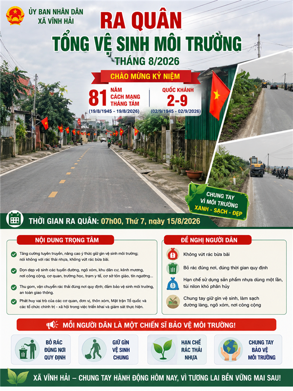 XÃ VĨNH HẢI RA QUÂN TỔNG VỆ SINH MÔI TRƯỜNG THÁNG 8/2026 – CHUNG TAY XÂY DỰNG QUÊ HƯƠNG XANH, SẠCH, ĐẸP