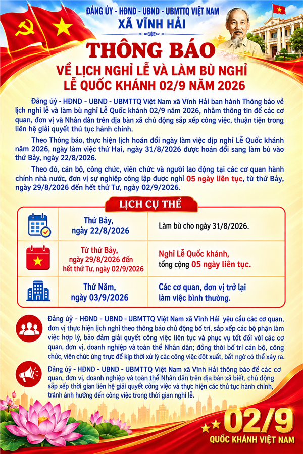 Đảng uỷ - HĐND - UBND - UBMTTQ Việt Nam xã Vĩnh Hải ban hành Thông báo về lịch nghỉ lễ và làm bù nghỉ Lễ Quốc khánh 02/9 năm 2026